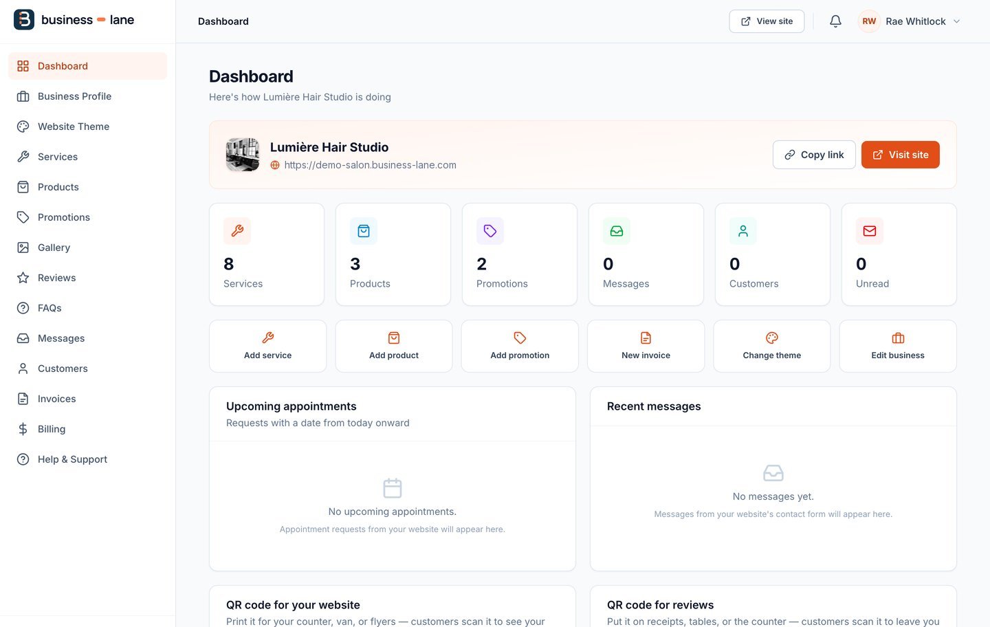 The Business Lane dashboard, showing setup progress, service and product counts, and quick actions